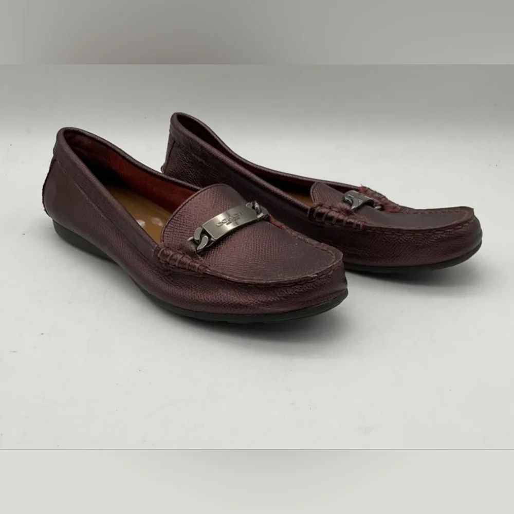 Coach Designer Olive Metallic Burgundy Crossgrain Leather Loafers Flats 6B - Picture 3 of 6